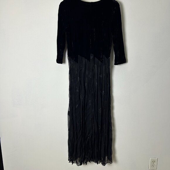 Zoe Black Lace-Up Neck 3/4 Sleeve Velvet Sheer Flowy Skirt Maxi Dress Size Large - Picture 3 of 17